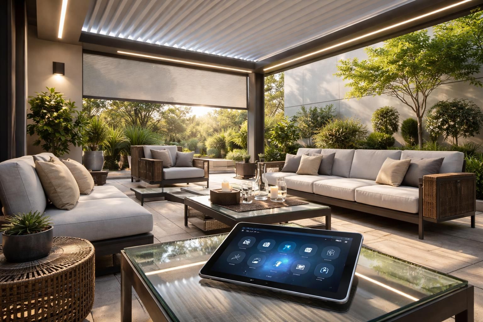 transformez votre terrasse en véritable salle de cinéma en contrôlant toute la domotique d'un simple geste sur votre tablette tactile. simplifiez vos soirées en plein air avec une gestion intuitive et innovante.