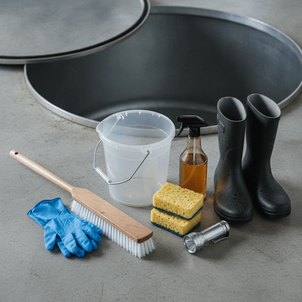 Équipements de nettoyage pour cuve d'eau : gants nitrile, brosses à long manche, seaux et produits désinfectants