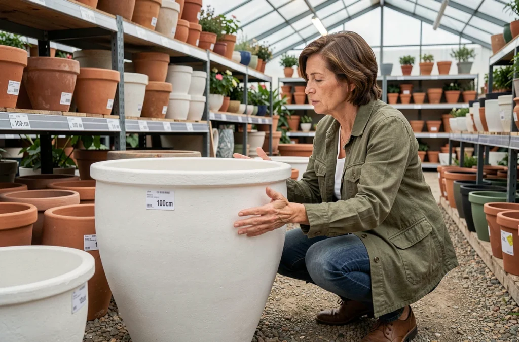 Femme comparant un grand pot de fleur extérieur blanc de 100 cm dans un magasin de jardinage
