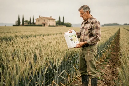 Agriculteur français tenant un bidon d'herbicide à base de glyphosate avec étiquetage espagnol au bord d'un champ de blé