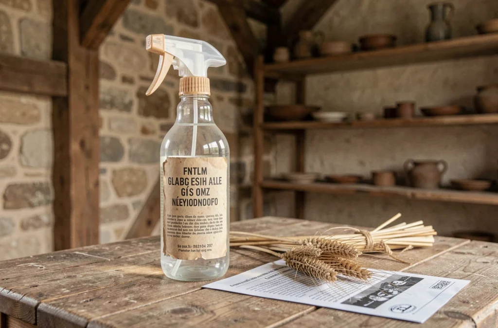 Bouteille de glyphosate avec étiquetage espagnol posée à côté d'un document réglementaire français sur une table de ferme en bois