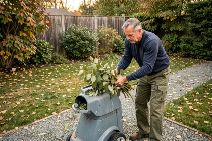 Homme utilisant un broyeur à rotor électrique pour broyer des branches dans un jardin en automne