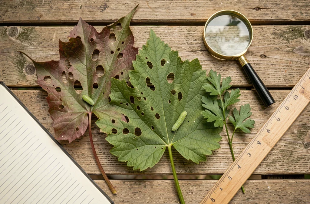 Comparaison de feuilles trouées par des chenilles vertes avec loupe et carnet d'identification sur une table de jardin en bois