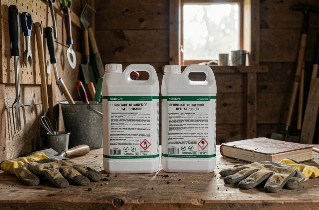 Comparaison de deux bouteilles de désherbant glyphosate d'un litre, l'une française et l'autre espagnole, sur un établi de jardin
