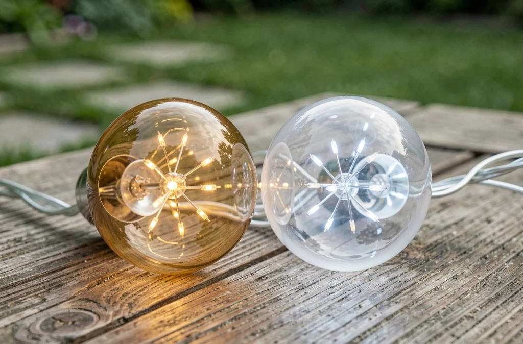Comparaison de deux ampoules de guirlande solaire LED côte à côte, l'une à lumière chaude dorée et l'autre à lumière froide blanche, posées sur une table en bois