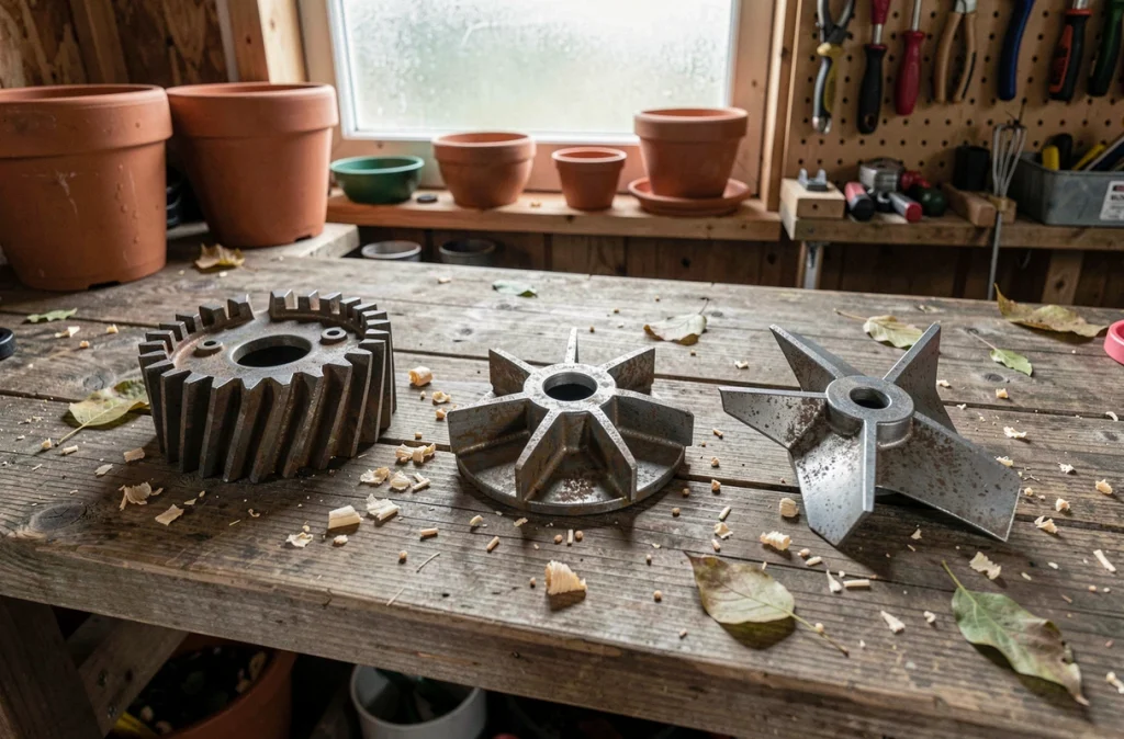 Comparaison des mécanismes de broyeur à rotor, turbine et lames posés sur un établi en bois