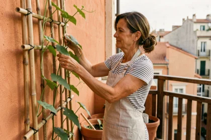 Femme cultivant des haricots à la verticale sur un balcon urbain avec un treillis en bambou