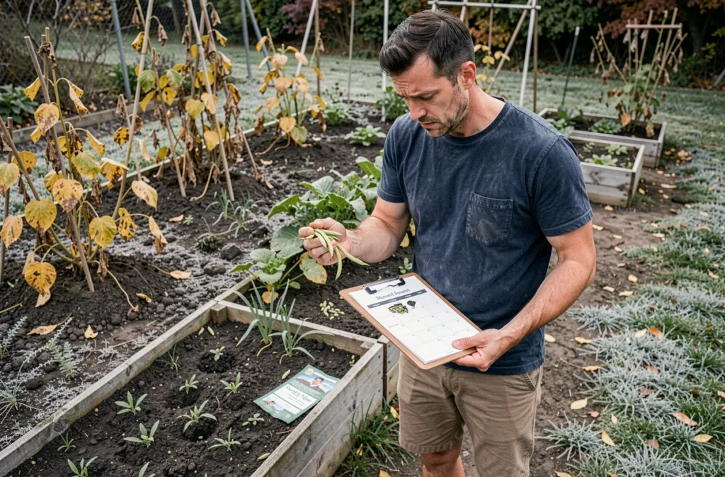 Jardinier débutant hésitant sur la date limite de semis des haricots verts avec un calendrier de plantation