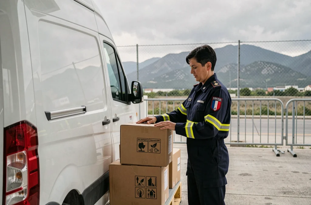 Douanière française inspectant des cargaisons de produits phytosanitaires à un poste frontière franco-espagnol dans les Pyrénées