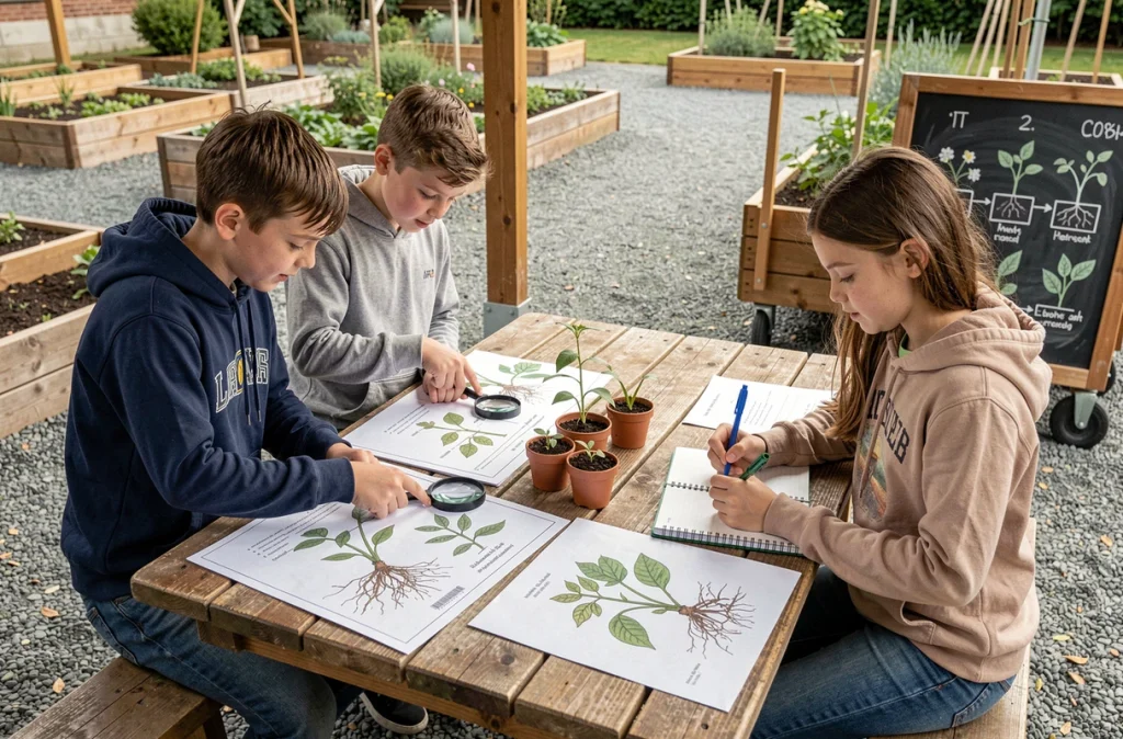 Enfants étudiant des fiches botaniques pédagogiques autour d'une table dans un jardin scolaire