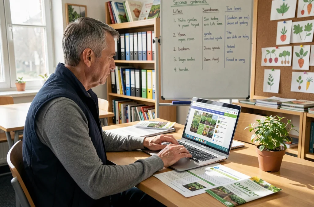 Enseignant préparant des ressources pédagogiques sur le jardinage en classe avec un ordinateur et des fiches imprimées