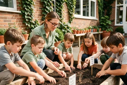 Enseignante guidant des élèves du primaire dans un jardin pédagogique scolaire avec des bacs en bois et des semis