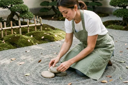 Femme entretenant un jardin zen japonais avec râteau et pierres lisses lors d'un entretien mensuel rapide