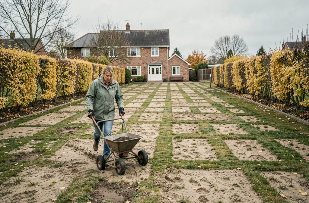Femme utilisant un épandeur à gazon sur une pelouse clairsemée dans un jardin suburban en automne