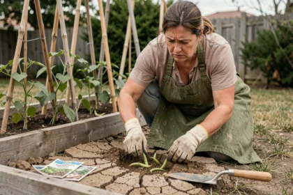 Jardinière débutante semant des haricots verts trop profondément dans un potager surélevé en bois au printemps