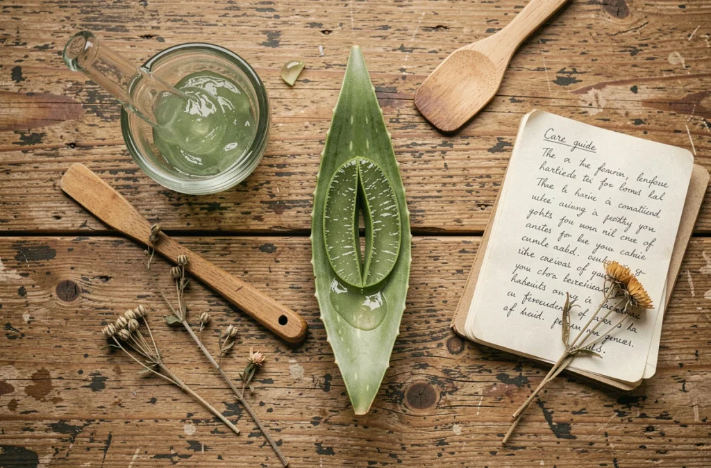 Vue de dessus d'une feuille d'aloe vera coupée avec son gel, un mortier et un carnet de soins sur une table en bois