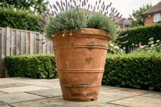 Grand pot de fleur extérieur en terre cuite de 100 cm rempli de lavande sur une terrasse pavée