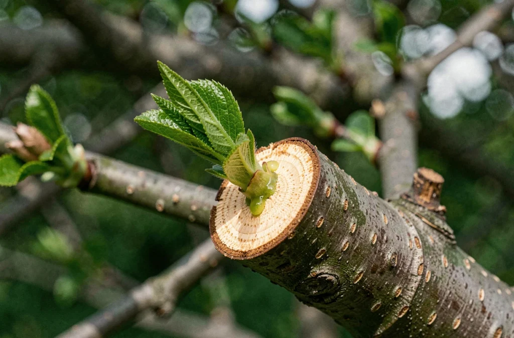 Gros plan sur une coupe nette d'un rameau vert de Prunus lors de la taille en vert estivale