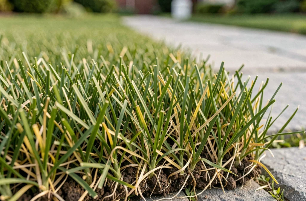 Gros plan macro sur des brins d'herbe denses et bien entretenus après une tonte régulière révélant l'épaisseur naturelle du gazon