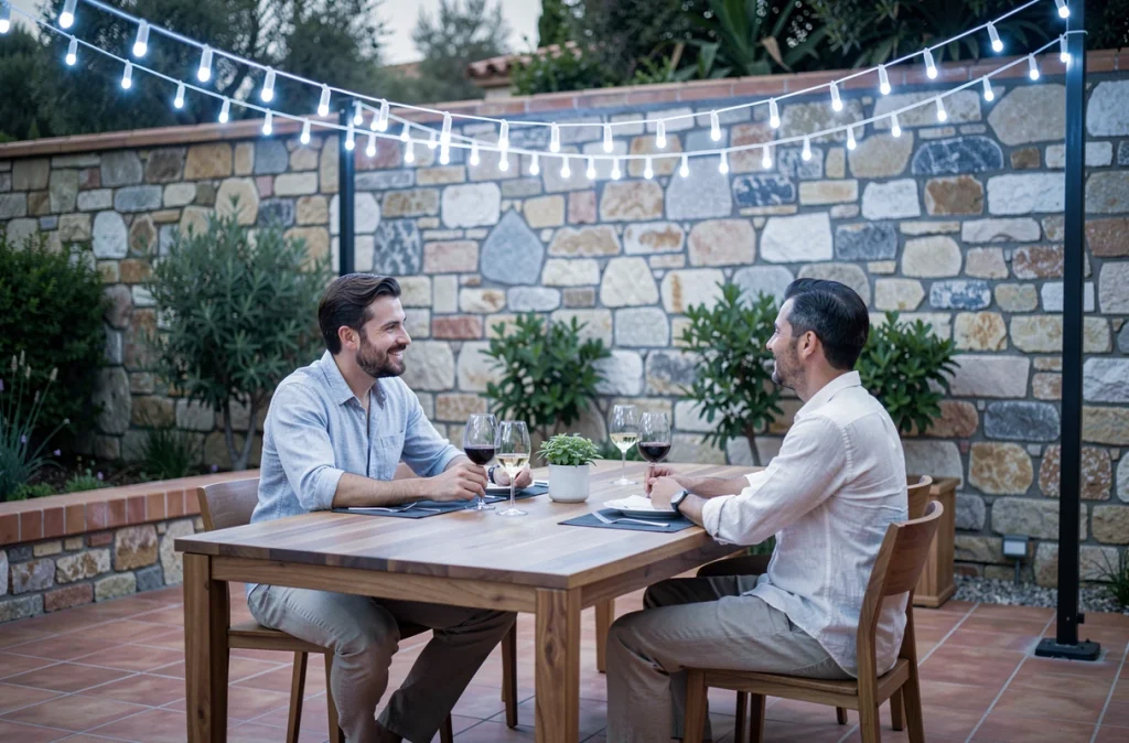 Terrasse moderne décorée d'une guirlande solaire à LED froides blanches au-dessus d'une table de repas en extérieur avec des convives