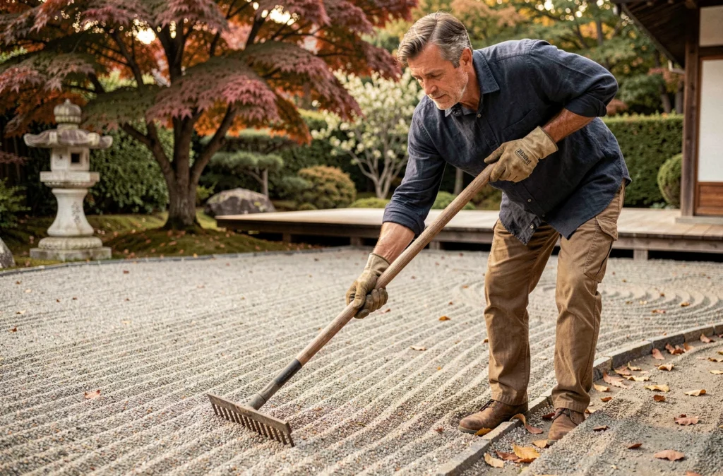 Homme utilisant un râteau en bois pour tracer des lignes dans le gravier d'un jardin zen lors d'un entretien rapide