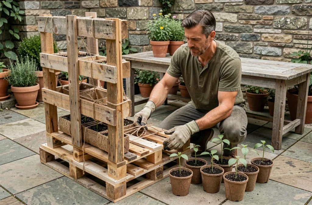 Homme assemblant une structure verticale en palettes pour cultiver des haricots sur une terrasse