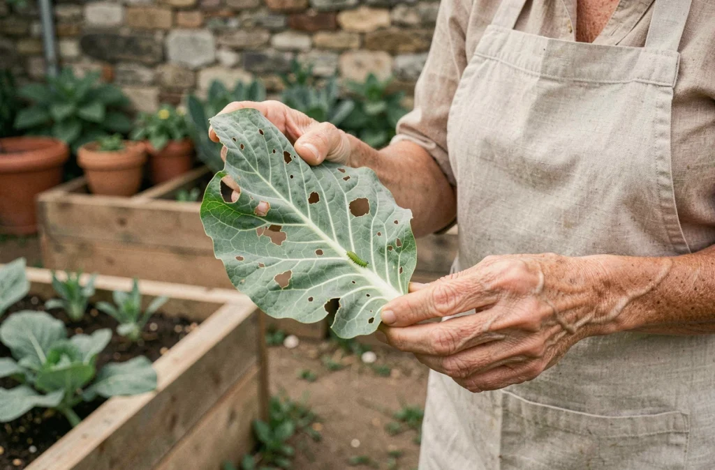 Jardinière tenant une feuille de chou percée de trous causés par des chenilles vertes dans un potager bio en plein air