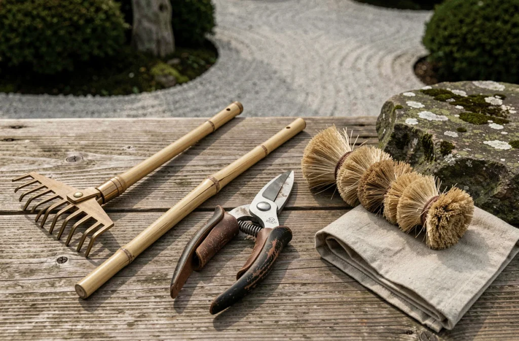 Outils de jardinage zen disposés sur bois de cèdre pour un entretien mensuel efficace du jardin japonais