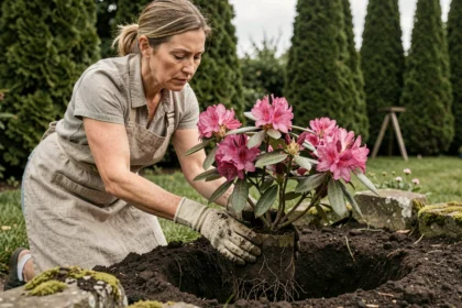 Femme plantant un rhododendron à fleurs roses en pleine terre dans un jardin, avec sol humifère et haie de conifères en arrière-plan