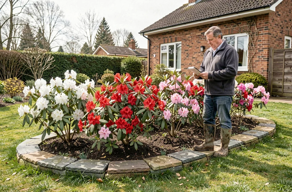 Vue large d'un jardin résidentiel au printemps avec une rangée de rhododendrons de nouvelles variétés aux fleurs blanches, rouges et roses plantés en bordure