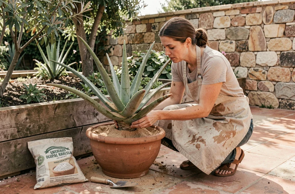 Femme en tablier rempotant un aloe vera dans un pot en céramique sur une terrasse en pierre dans un jardin