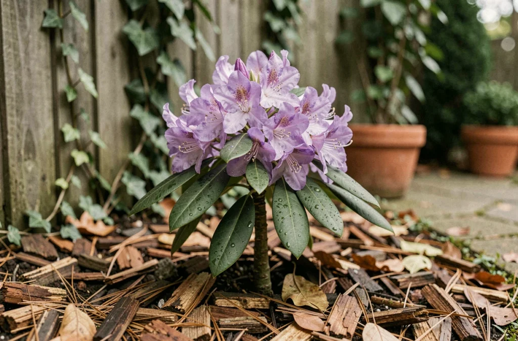 Gros plan sur un rhododendron à fleurs violettes fraîchement planté avec paillis d'écorce de pin dans un jardin ombragé