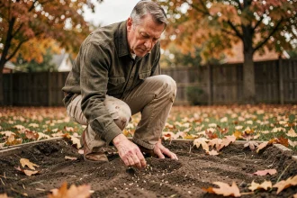 Homme semant du gazon à la main dans un jardin en automne, sol fraîchement ratissé et feuilles mortes en arrière-plan