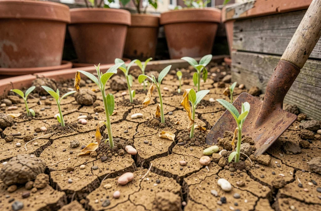 Semis de haricots verts ratés avec plantules chétives et graines non germées dans un potager urbain