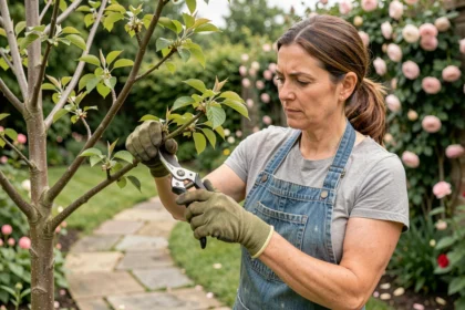 Jardinière effectuant la taille en vert d'un Prunus ornemental avec des sécateurs dans un jardin privé