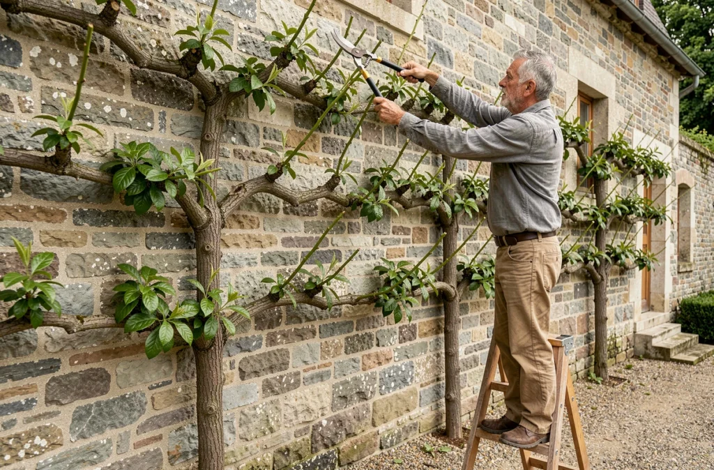 Arboriculteur taillant en vert un Prunus en espalier contre un mur de pierre dans un jardin clos traditionnel