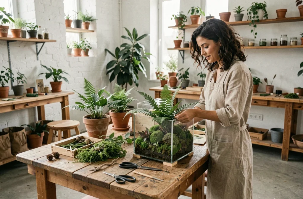 Botaniste de l'atelier Bergamotte créant un terrarium dans un espace de travail parisien épuré et artisanal