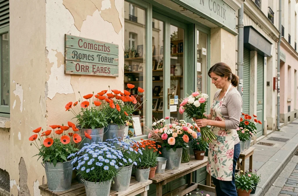 Devanture pittoresque de Bleuet Coquelicot avec bouquets de coquelicots et bleuets devant la boutique parisienne
