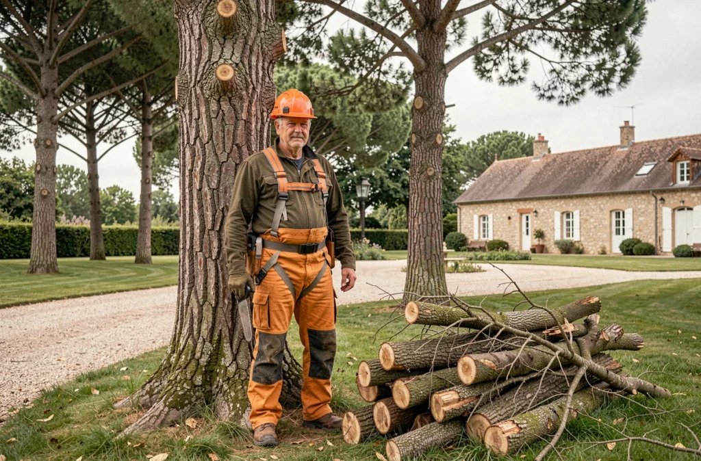 Élagueur professionnel de BND-Paysage-Elagage en tenue de sécurité après l'élagage d'un grand arbre en Gironde