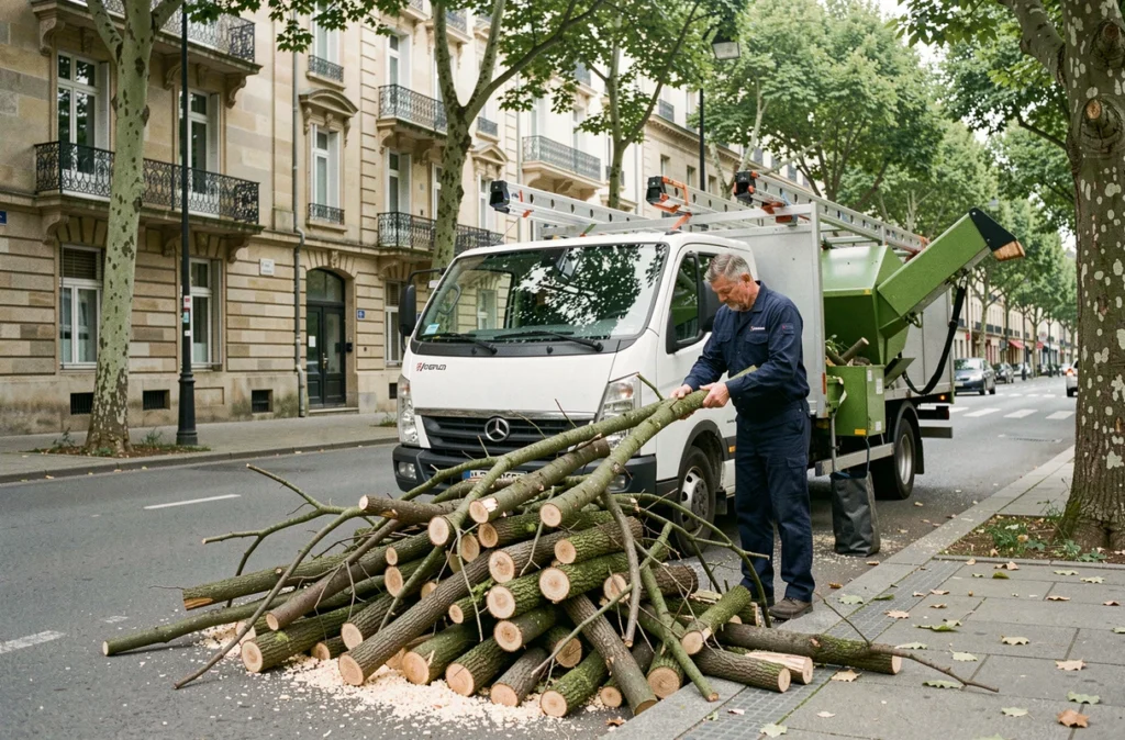 Camion d'élagage et broyage de branches sur une rue de Grenoble après travaux d'arboriculture