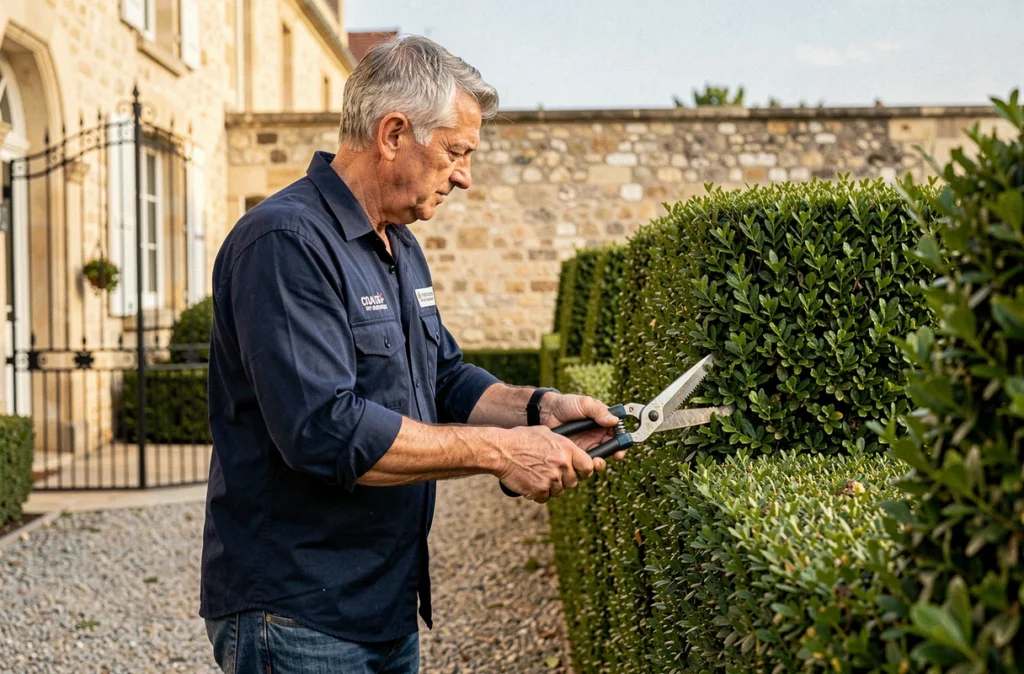 Jardinier professionnel Pasquier Thierry taillant une haie de buis géométrique devant une maison bordelaise