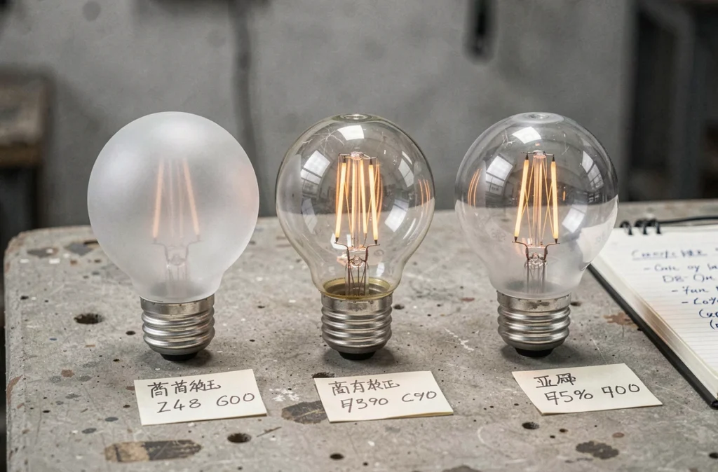 Comparaison de trois boules d'éclairage extérieur de qualités différentes posées sur une surface en béton avec des étiquettes de prix