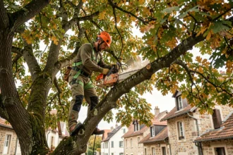 Élagueur professionnel perché dans un arbre avec harnais et casque de sécurité à Grenoble