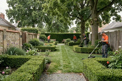 Équipe d'entretien de jardin travaillant dans un jardin résidentiel en Seine-et-Marne avec pelouse tondue et haies taillées