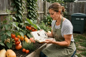 Femme consultant un livre de permaculture dans un potager en lasagnes avec des légumes compagnons en pleine croissance