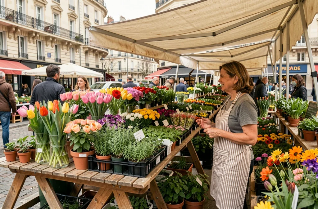 Étal de producteurs Fleurs d'Ici sur un marché parisien avec fleurs de saison et plants cultivés en Île-de-France
