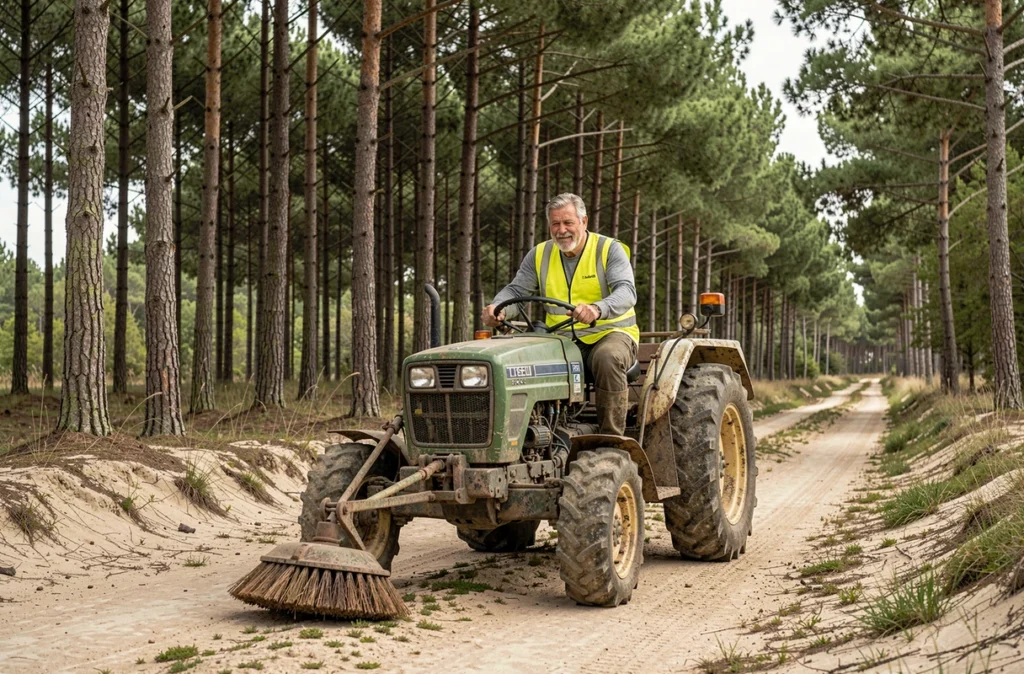 Ouvrier agricole de Gascogne Travaux Forestiers conduisant un tracteur avec gyrobroyeur sur une piste forestière en Gironde