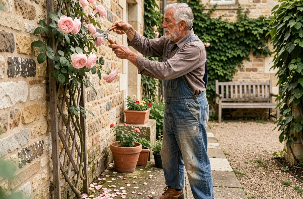 Jardinier expérimenté Bernard Giry taillant une rose grimpante sur un mur de pierre dans un jardin de village en Gironde