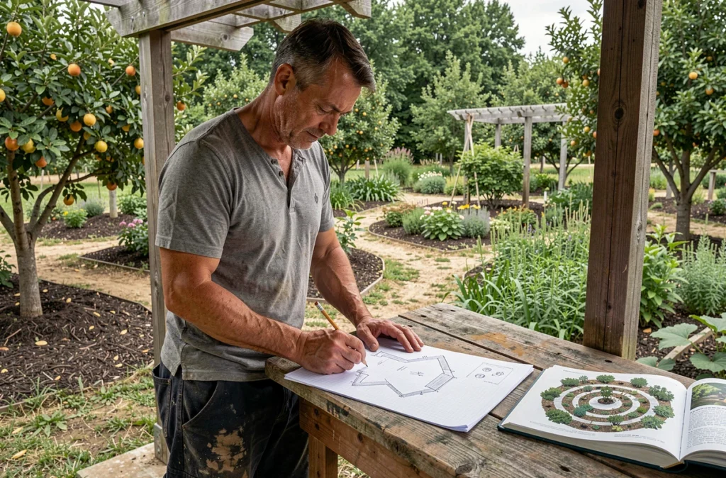 Homme planifiant l'aménagement d'un potager en permaculture avec un livre et des schémas de jardinage sur un établi en bois