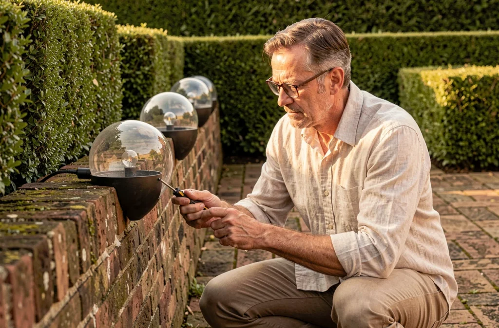 Homme examinant des boules d'éclairage extérieur montées sur un mur de jardin pour évaluer leur qualité avant achat